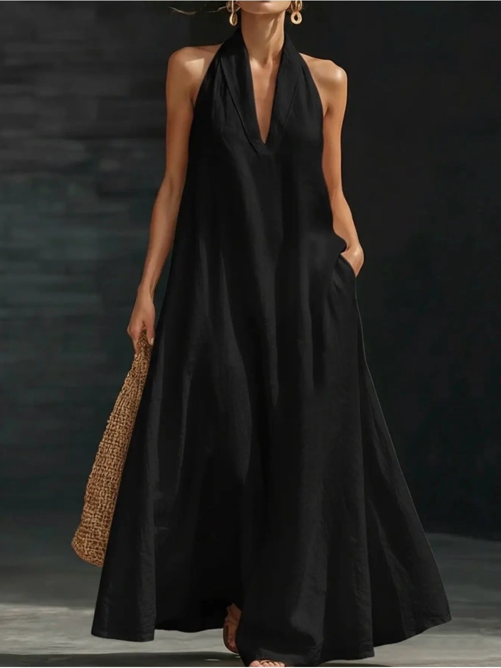 Sleeveless Black Halter Maxi Dress with V-Neck